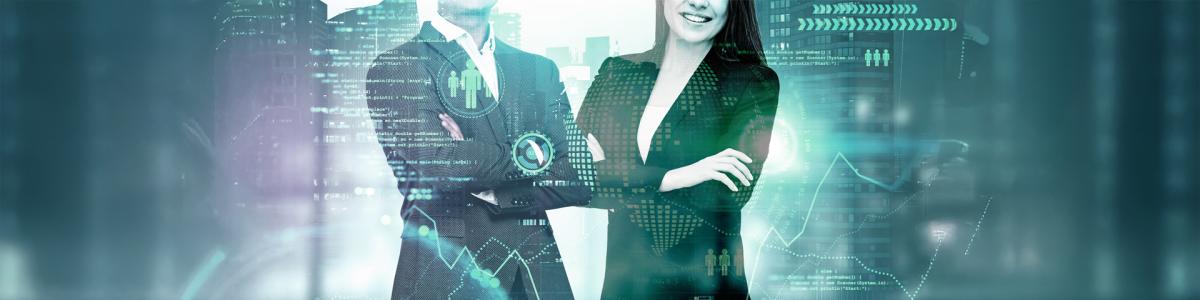 Business-Personen im Anzug mit digitalen Daten-Overlays – Symbolbild für Legal Tech, Datenschutzrecht und digitale Transformation im juristischen Bereich, thematisiert in Fortbildungen des Deutschen Anwaltsinstituts (DAI)